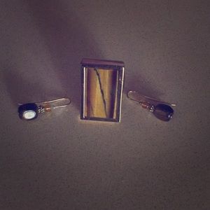 Tiger eye ring and earrings in gold tone